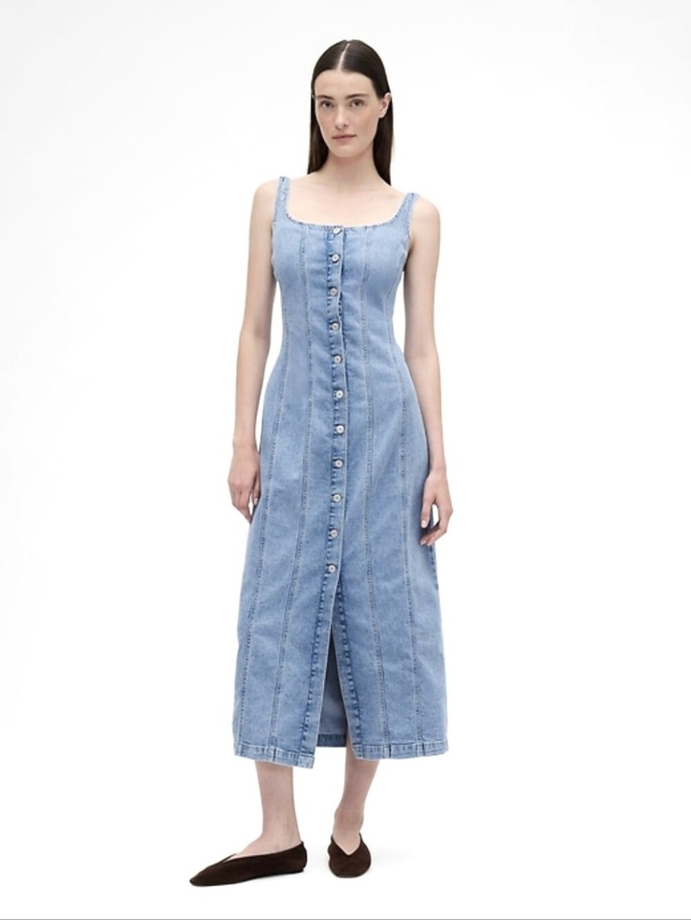 NWOT Gap Denim Seamed Button-Front Maxi Dress Light Wash